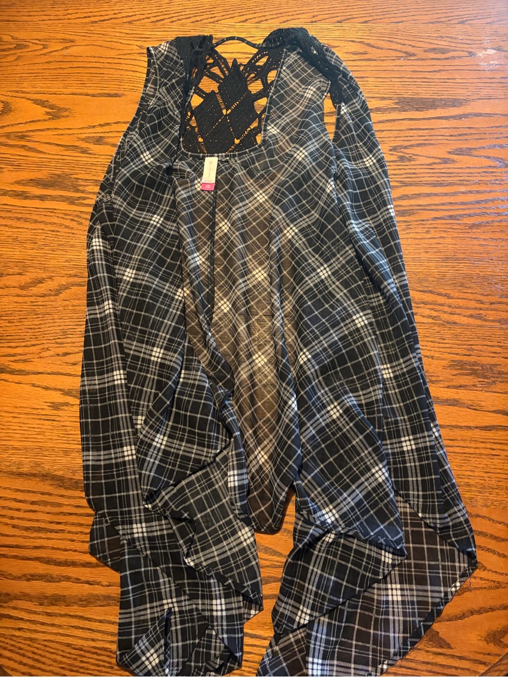 No Boundaries Black and White Plaid Vest with Lace Back Detail